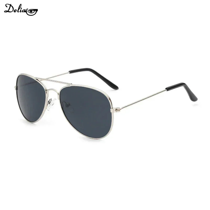Delia silver aviator sunglasses featuring dark lenses, perfect colorful reflective eyewear for kids