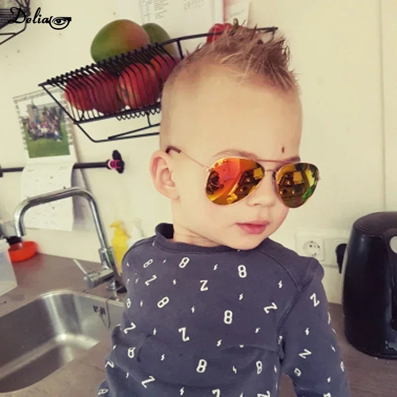 A child wearing colorful reflective eyewear for kids, showcasing a fun and stylish look