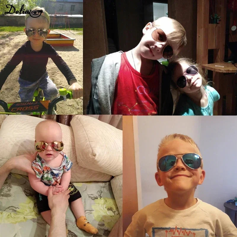 Kids wearing colorful reflective eyewear for kids while playing and having fun outdoors