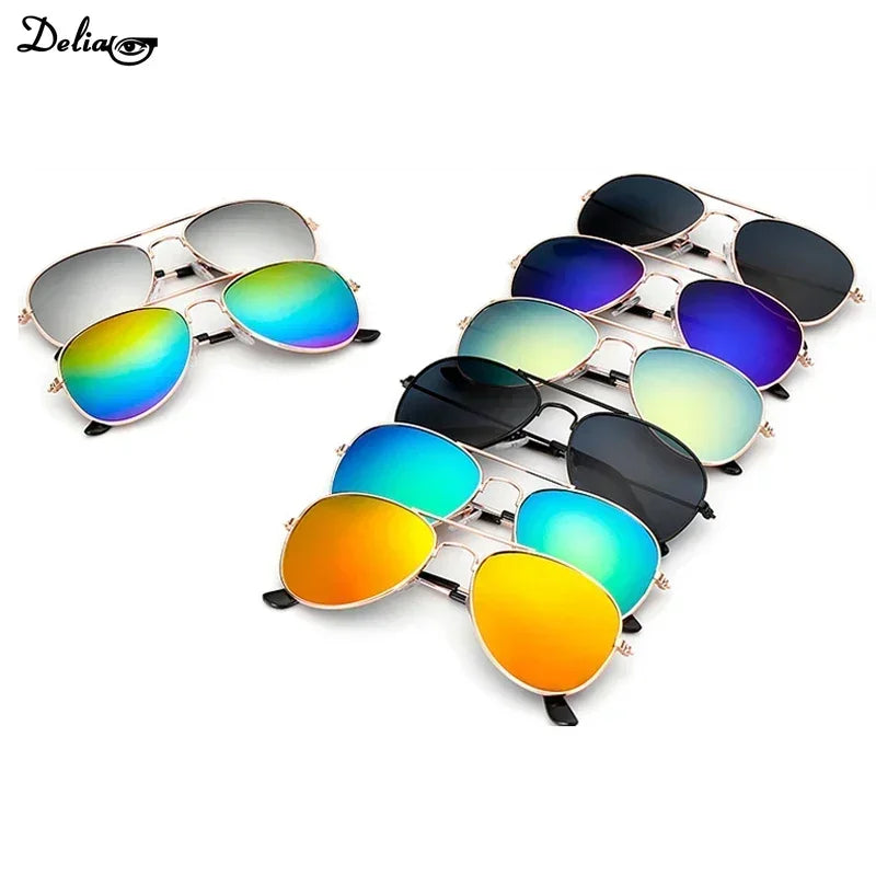 Assorted colorful reflective eyewear for kids in various styles and vibrant lenses