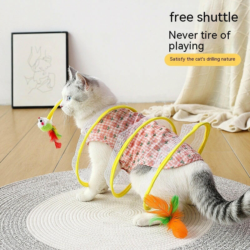 Foldable cat tunnel toy with colorful attachments for interactive cat playtime