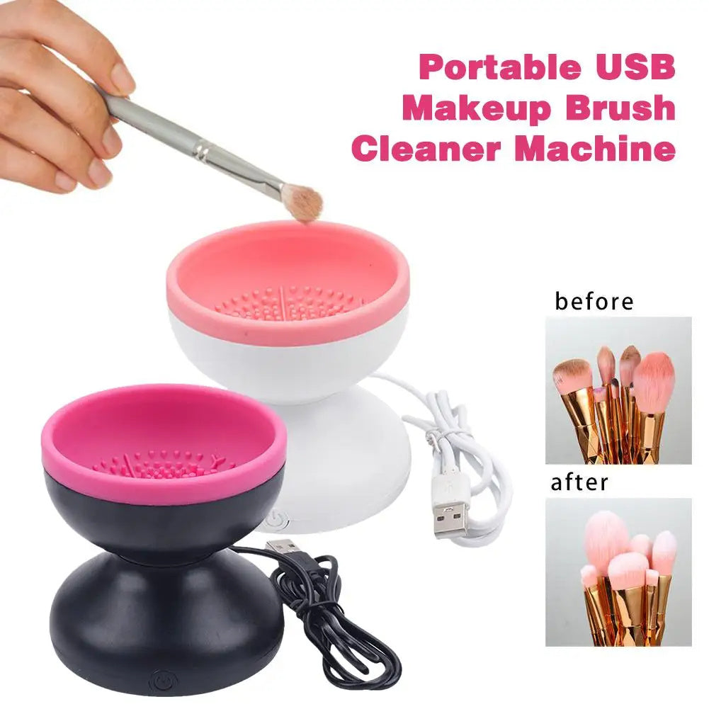 Electric makeup brush cleaner in white and black with a USB charging port for easy use and portability