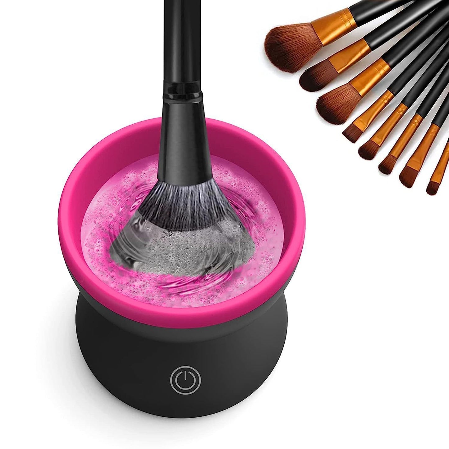 Electric makeup brush cleaner with a vibrant pink bowl and a black handle for effortless cleaning