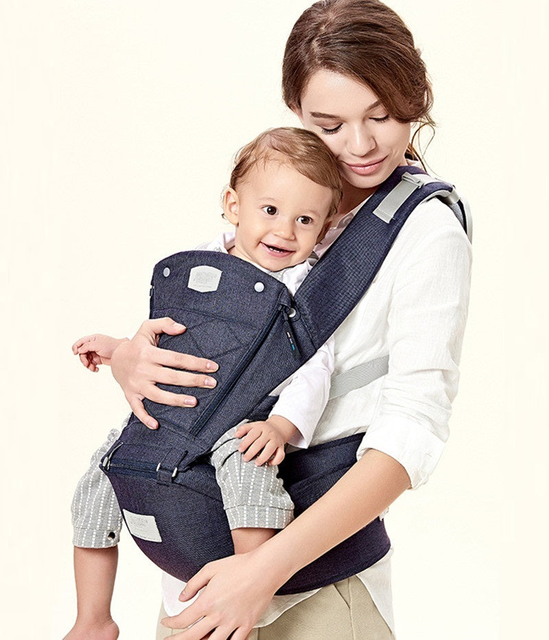 Mystore ergonomic baby carrier in blue with adjustable straps and supportive design for comfort