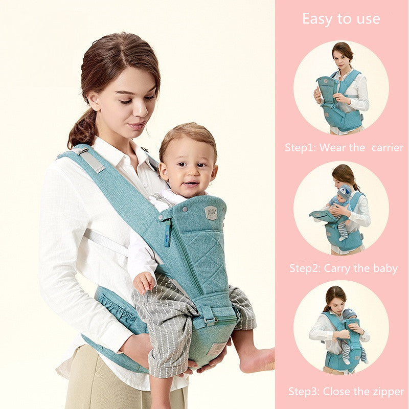 Mystore ergonomic baby carrier in blue, designed for comfort and ease of use while carrying infants