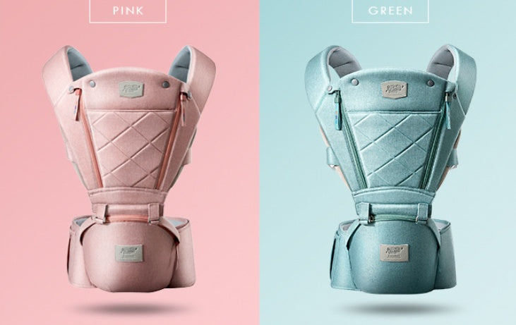 Mystore ergonomic baby carrier in pink and green, designed for comfort and support while carrying infants