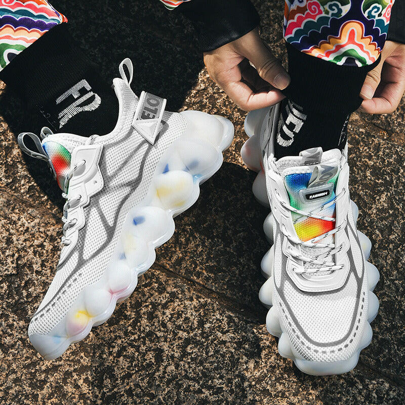 Stylish white Mystore fashion trend athletic sneakers featuring colorful sole design for a trendy look
