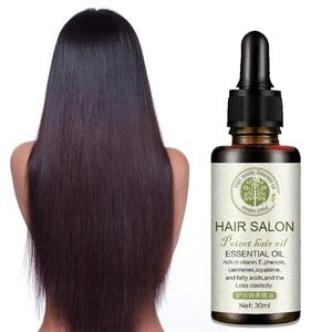 Mystore hair care essential oil bottle with long, shiny hair in the background for healthy hair nurturing.