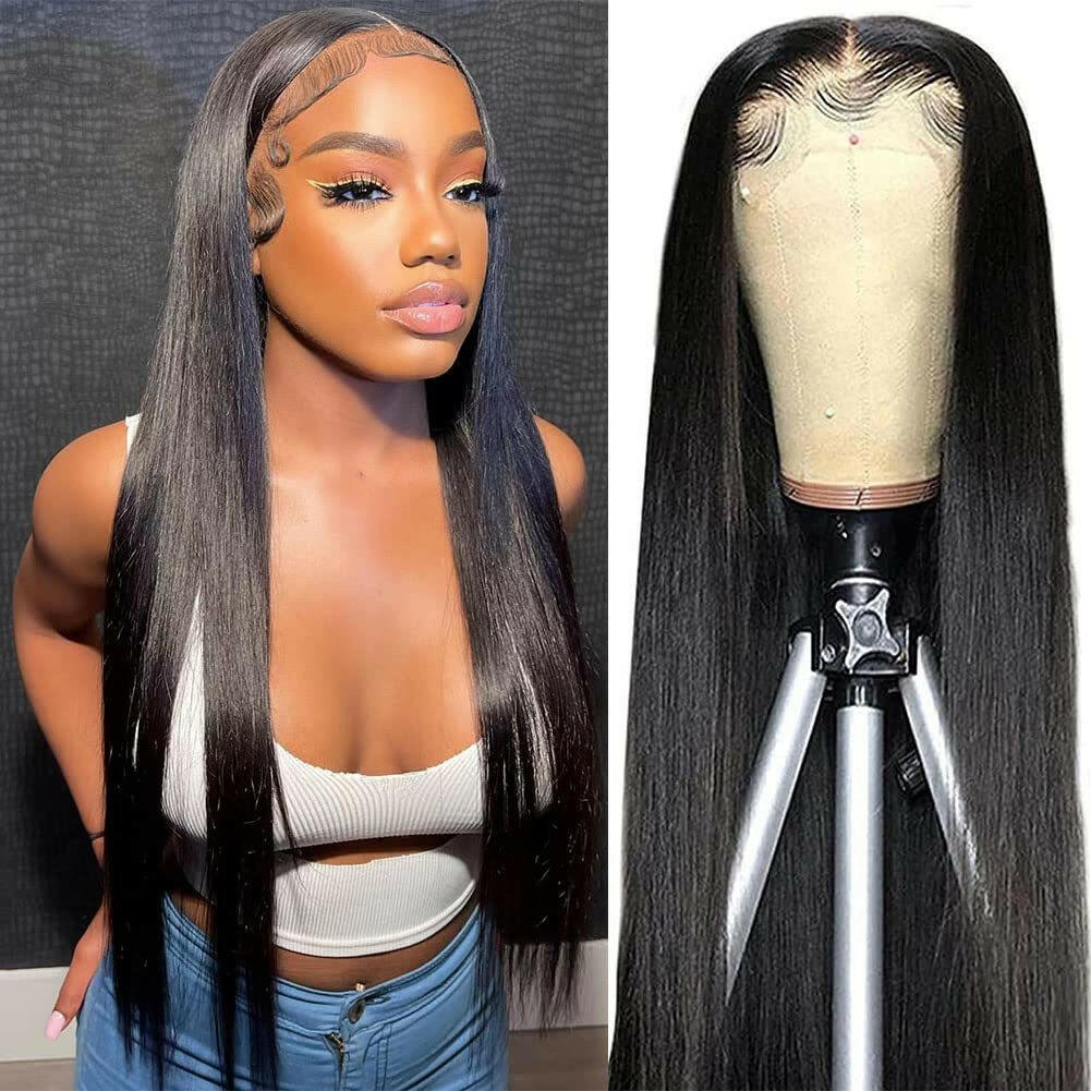 HD lace wigs human hair in straight style displayed on a mannequin and worn by a model