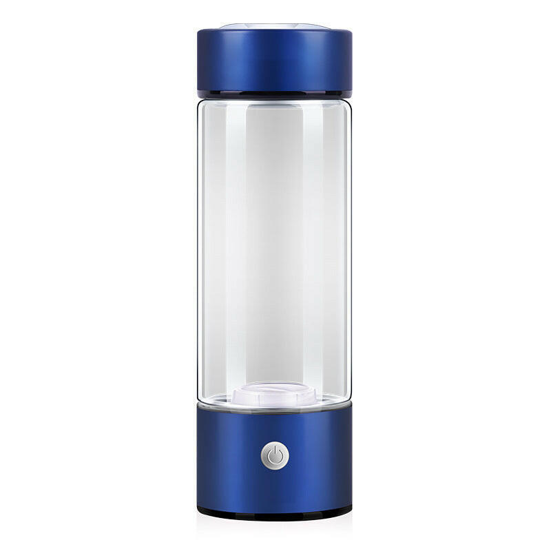 Blue hydrogen-rich water bottle with transparent body and easy touch button for hydrogen infusion