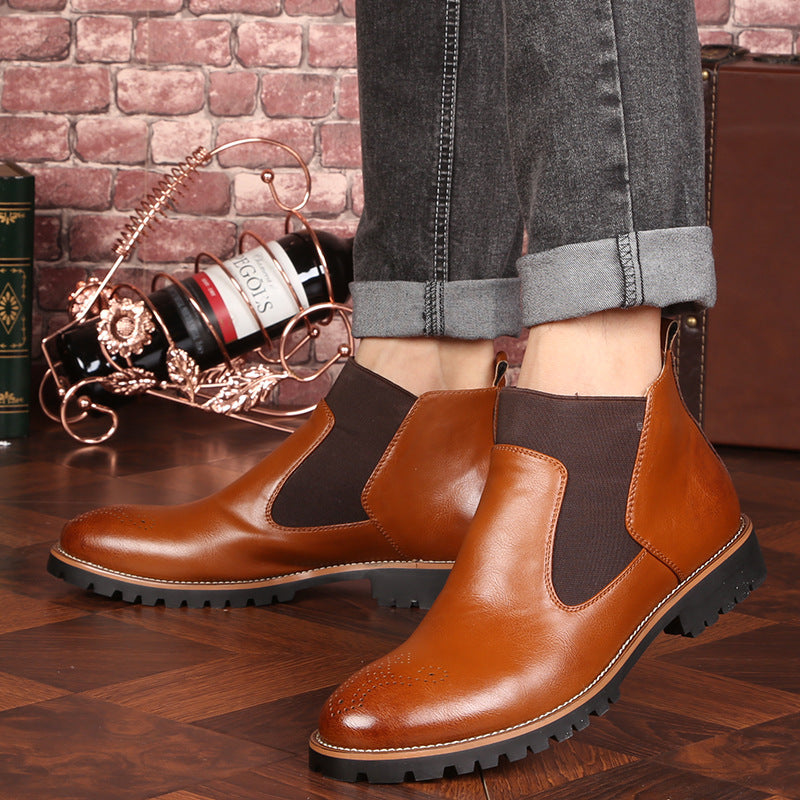 Stylish brown leather boots for men with elastic side panels and rugged sole for comfort and durability