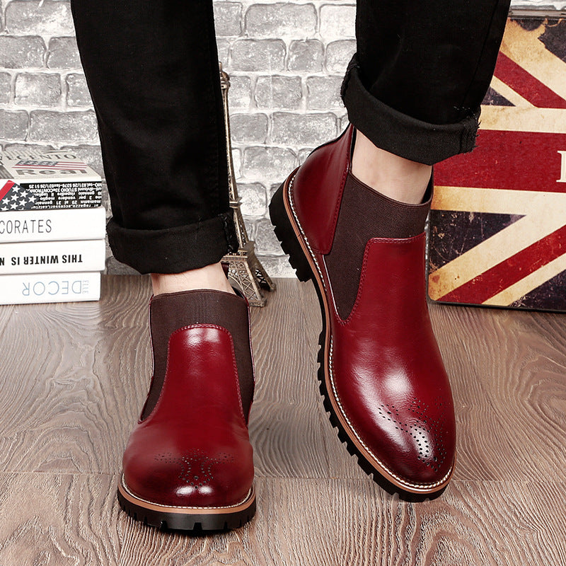 Stylish red leather boots for men with comfortable elastic side panels and durable soles