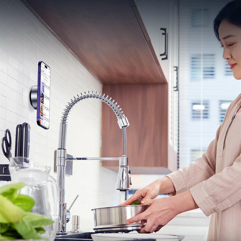 Mystore magnetic phone holder car mount used in a kitchen for hands-free convenience while cooking