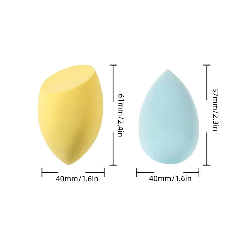 Mystore makeup sponge set featuring yellow and blue sponges in various shapes for flawless application