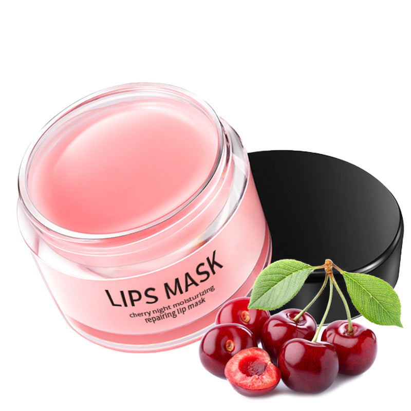 Mystore Cherry Night Moisturizing Lip Care Mask in a jar with cherries for soft, hydrated lips
