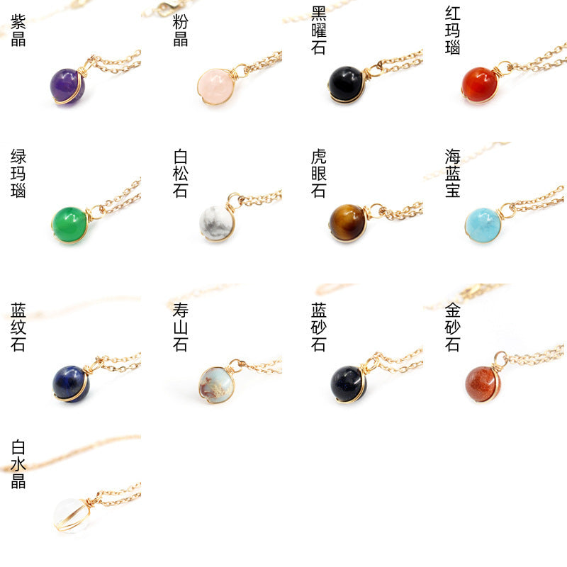 Various natural crystal pendant women necklaces displayed on a white background with gold chains