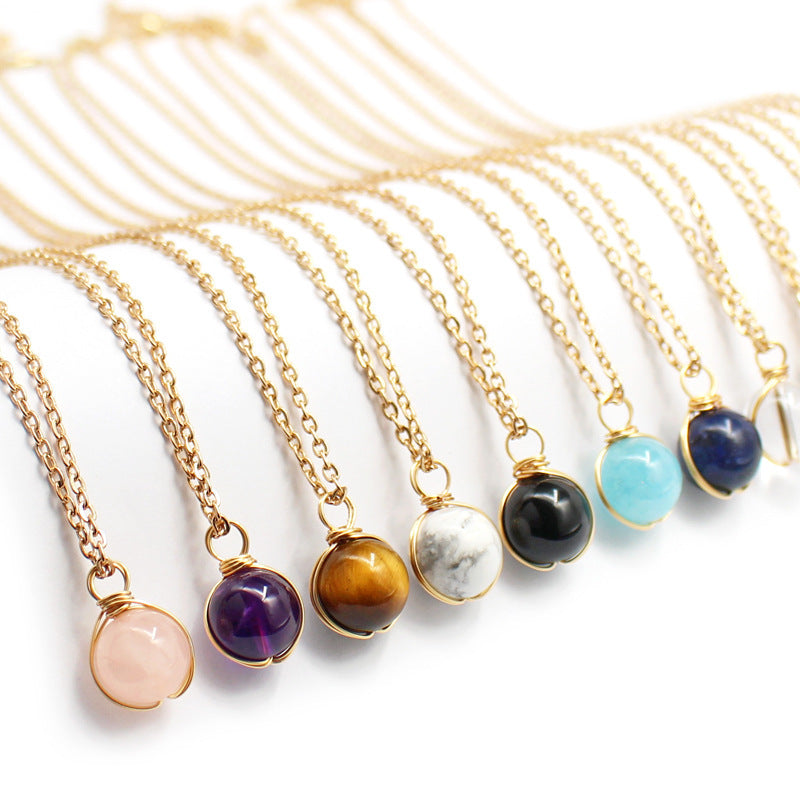 Elegant natural crystal pendant women necklaces displayed in various colors and styles on gold chains