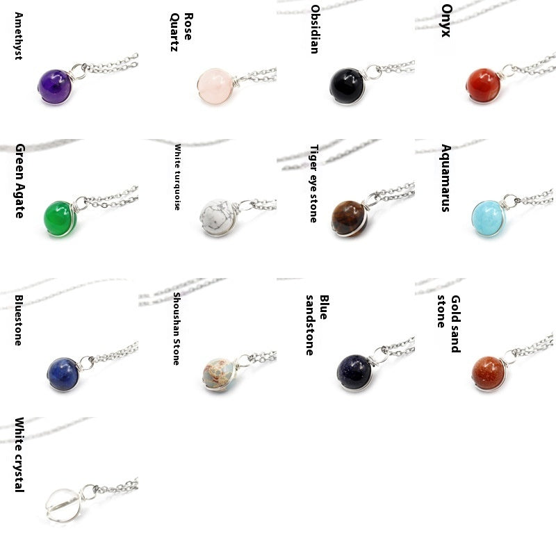 Natural crystal pendant women featuring various gemstones like amethyst, rose quartz, and obsidian on silver chains
