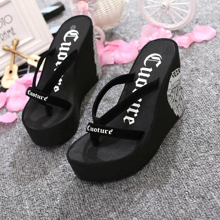 Black wedge non-slip summer sandals for women with stylish straps from Mystore