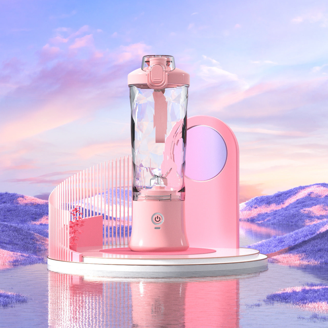Mystore portable blender juicer in pink with a sleek design against a scenic background
