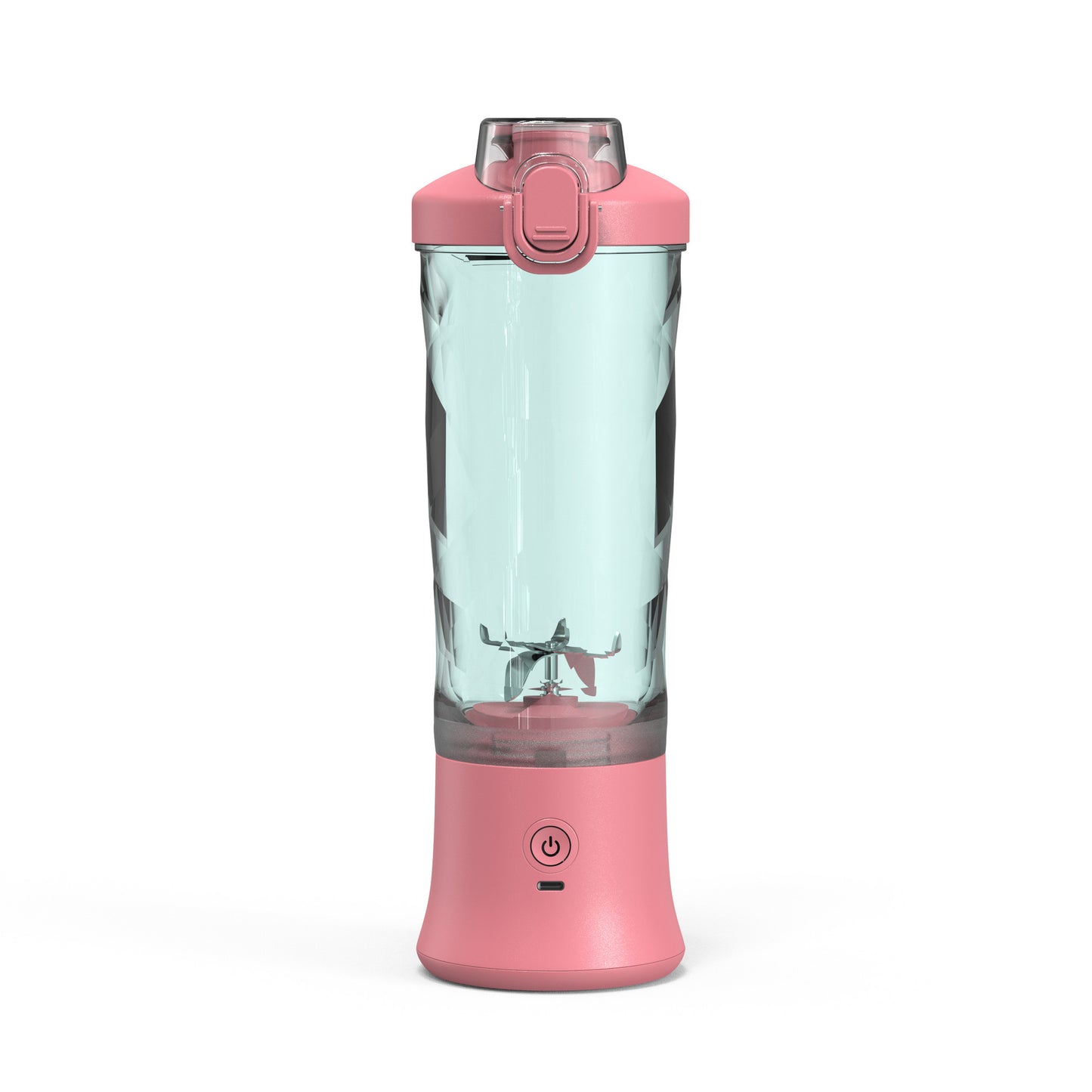 Mystore portable blender juicer in pink with a clear body and easy on-off button for smoothies on the go