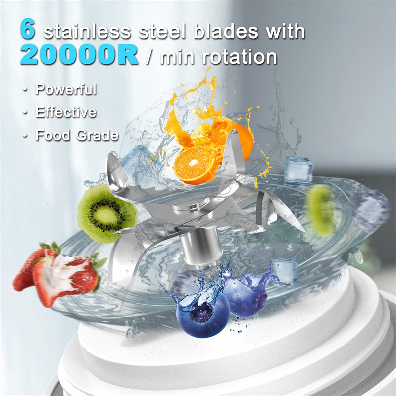 Close-up of stainless steel blades in a portable blender juicer, showcasing powerful and effective performance