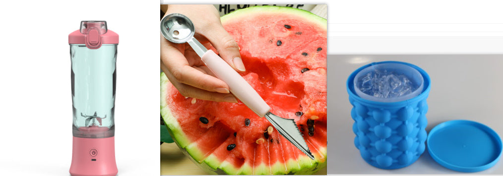 Mystore portable blender juicer in pink, cutting a watermelon for fresh smoothies
