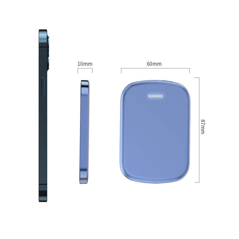 Mystore portable power bank wireless charging shown from multiple angles with compact design
