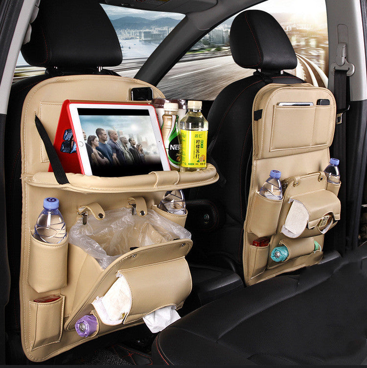 PU leather car organizer featuring storage for bottles, tablet, and trash bag for backseat convenience