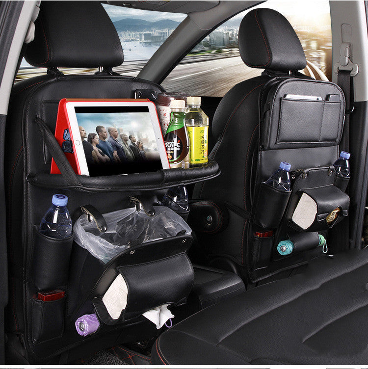 PU leather car organizer with multiple pockets for drinks, trash, and a tablet holder for backseat convenience