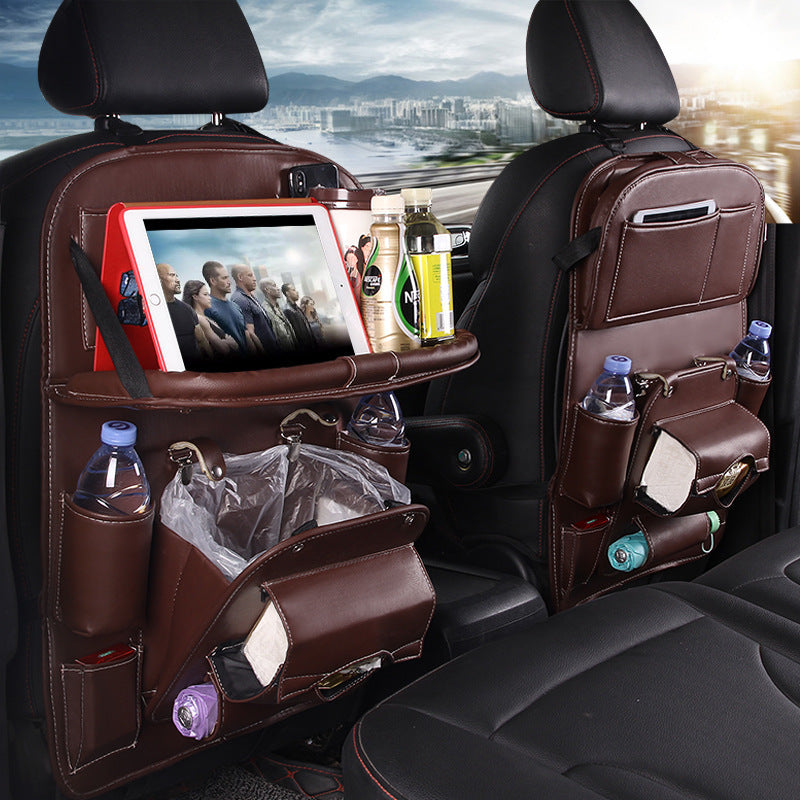 PU leather car organizer with multiple pockets for drinks, trash, and devices for a tidy vehicle interior