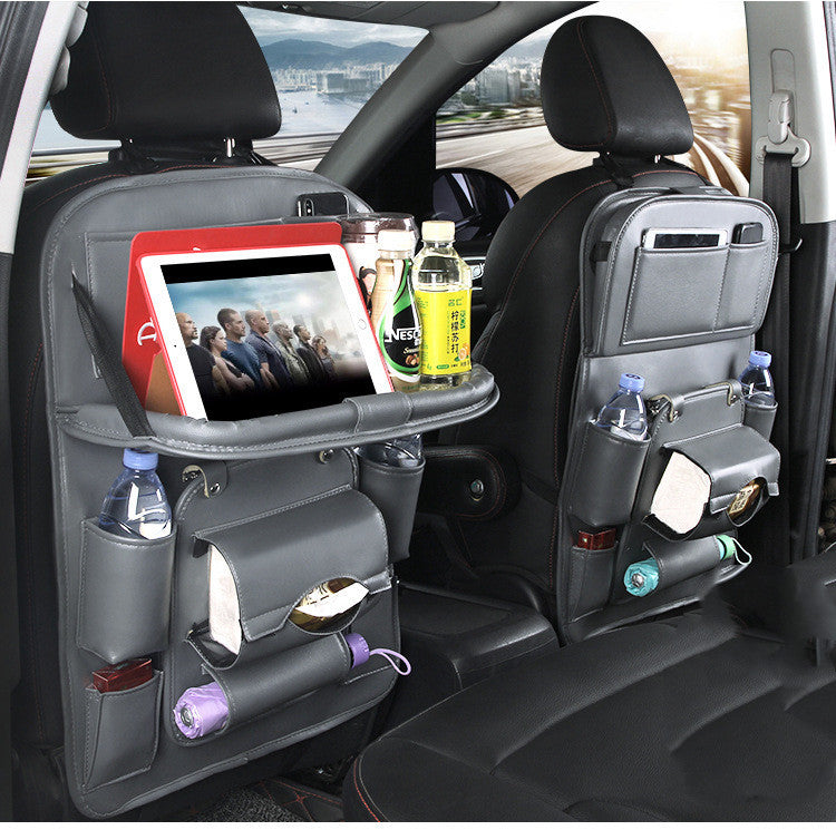 PU leather car organizer with multiple pockets for drinks and electronics in a vehicle interior