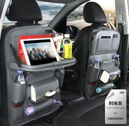 PU leather car organizer with multiple pockets for drinks and tablets, enhancing car interior storage.