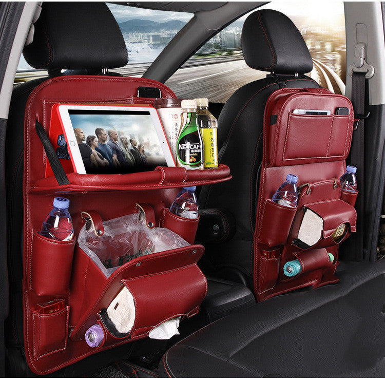 PU leather car organizer with multiple pockets for drinks, tablets, and trash bags for easy storage