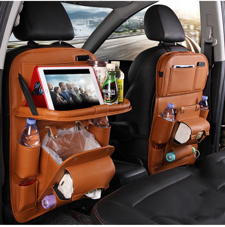 PU leather car organizer with multiple pockets for drinks, trash, and tablets for car interior convenience