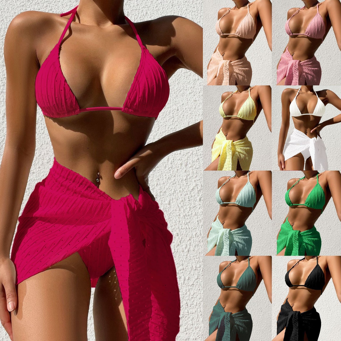 Mystore solid color swimsuit three piece featuring a stylish bikini and matching wrap for summer fun