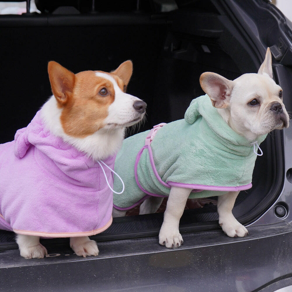 Two dogs wearing colorful hooded towels, showcasing a super absorbent dog bath towel for easy drying
