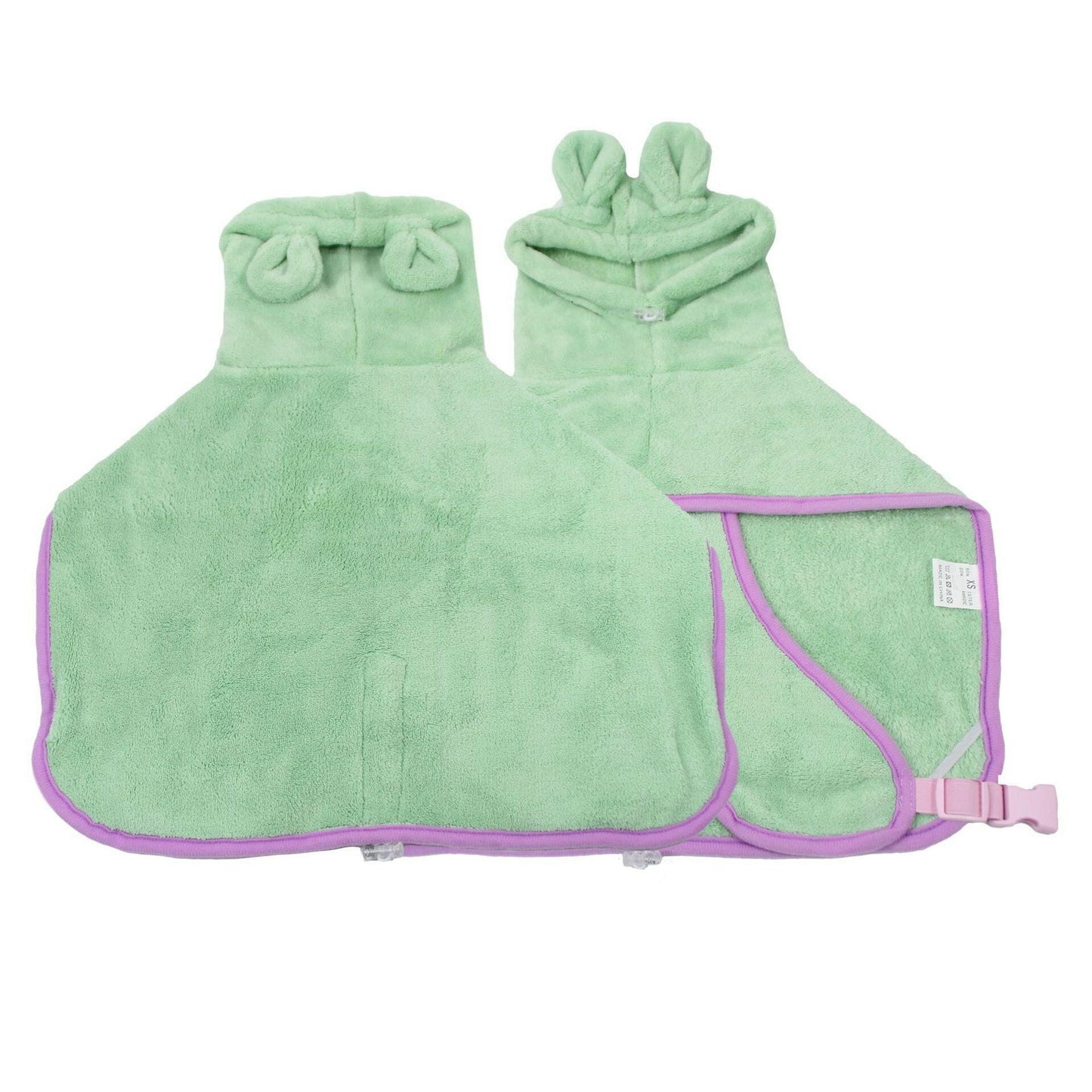 Super absorbent dog bath towel in green with a hood and adjustable strap for quick drying