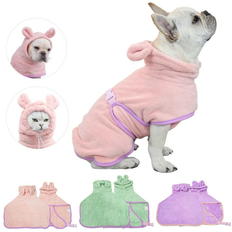 Super absorbent dog bath towel in pink and green colors with cute animal design for quick drying pets