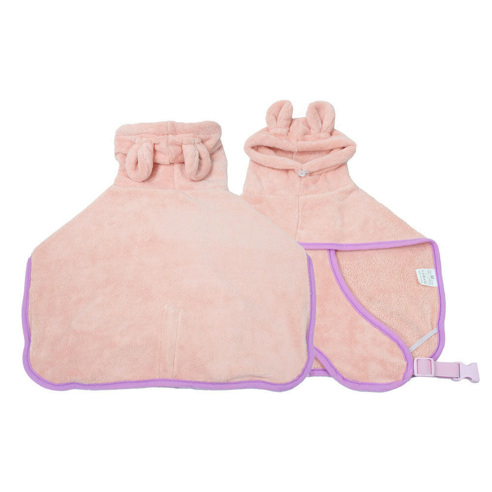 Super absorbent dog bath towel in soft pink with hood and adjustable straps for easy drying