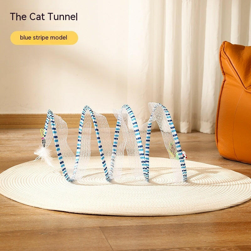 Foldable cat tunnel toy in blue stripe model for playful cats enhancing their fun and exercise