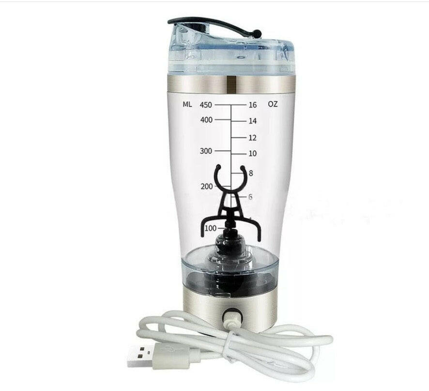Mystore USB electric shaker bottle with measurement markings and USB charging cable for easy mixing
