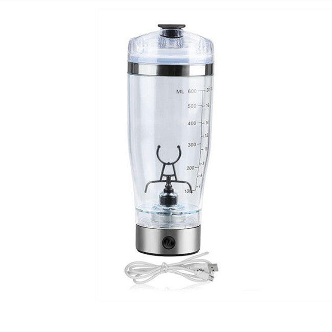 Mystore USB electric shaker bottle with measurement markings and charging cable for convenient kitchen storage