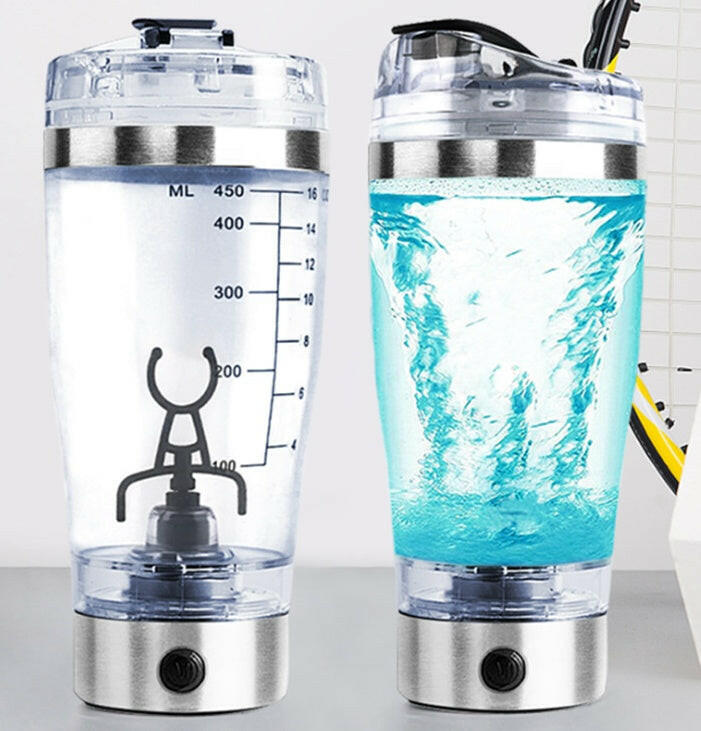 Mystore USB electric shaker bottle with clear body and stainless steel base for easy mixing
