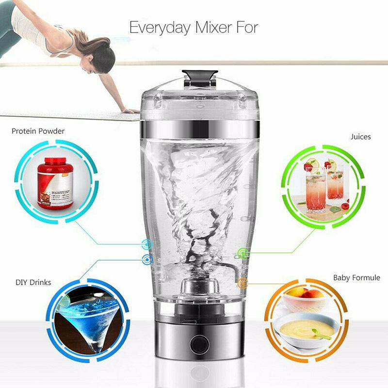 USB electric shaker bottle for mixing protein powders, juices, and DIY drinks conveniently