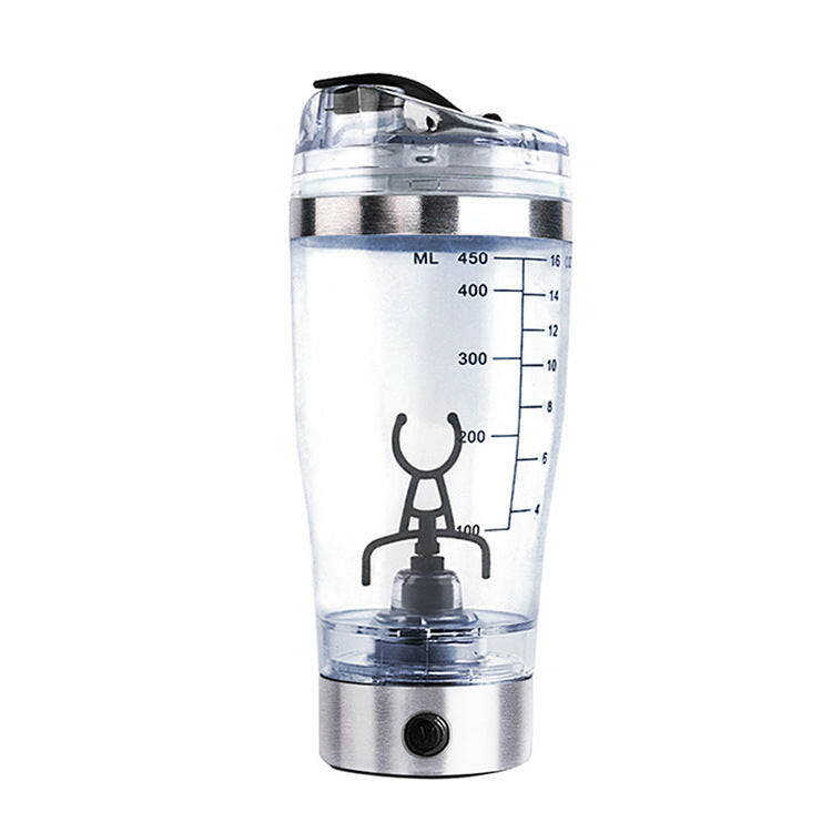 Transparent USB electric shaker bottle with measuring markers and a stainless steel base for easy mixing