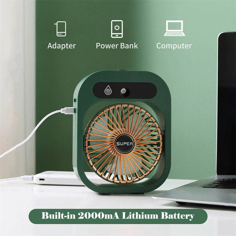 Mystore USB rechargeable misting fan with built-in 2000mA lithium battery for convenience at your desk