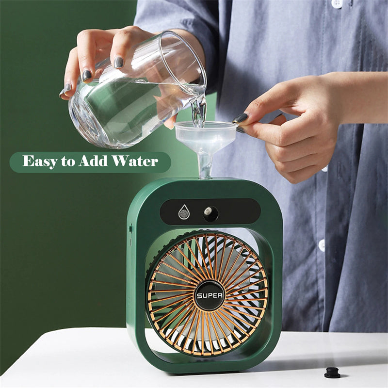 Green USB rechargeable misting fan with easy water refill feature for efficient cooling