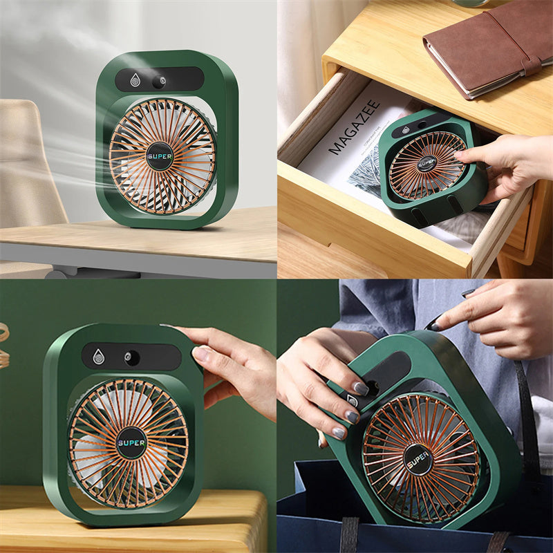 Mystore USB rechargeable misting fan in green with adjustable speed settings for home and office use