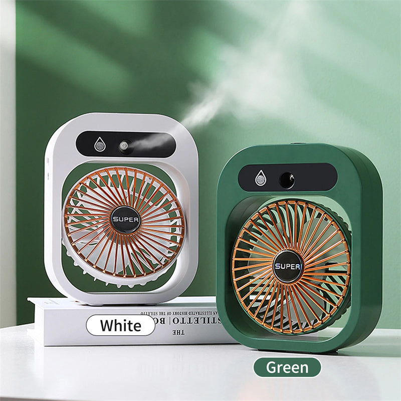 Mystore USB rechargeable misting fan in white and green, ideal for personal cooling and hydration